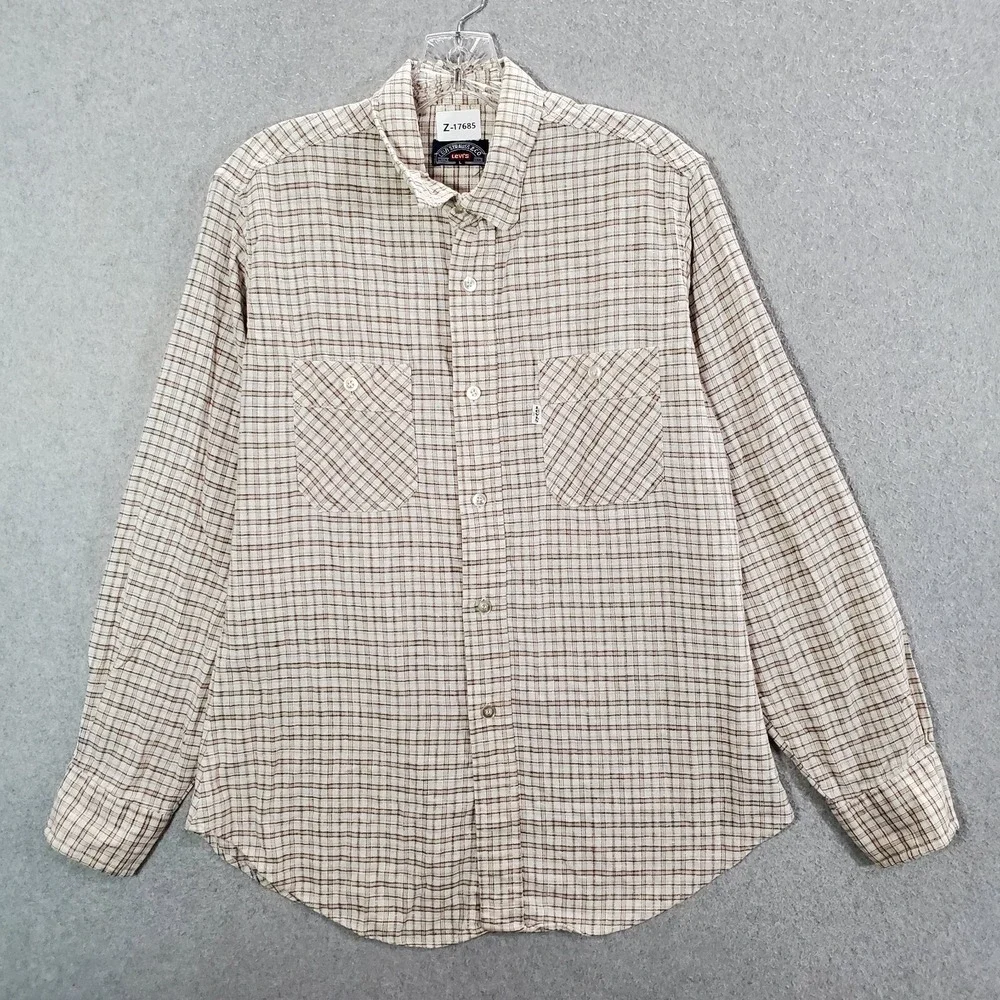 VINTAGE Levi Men Button Up Shirt Large Beige Checkered Plaid‎ Long Sleeve 80s